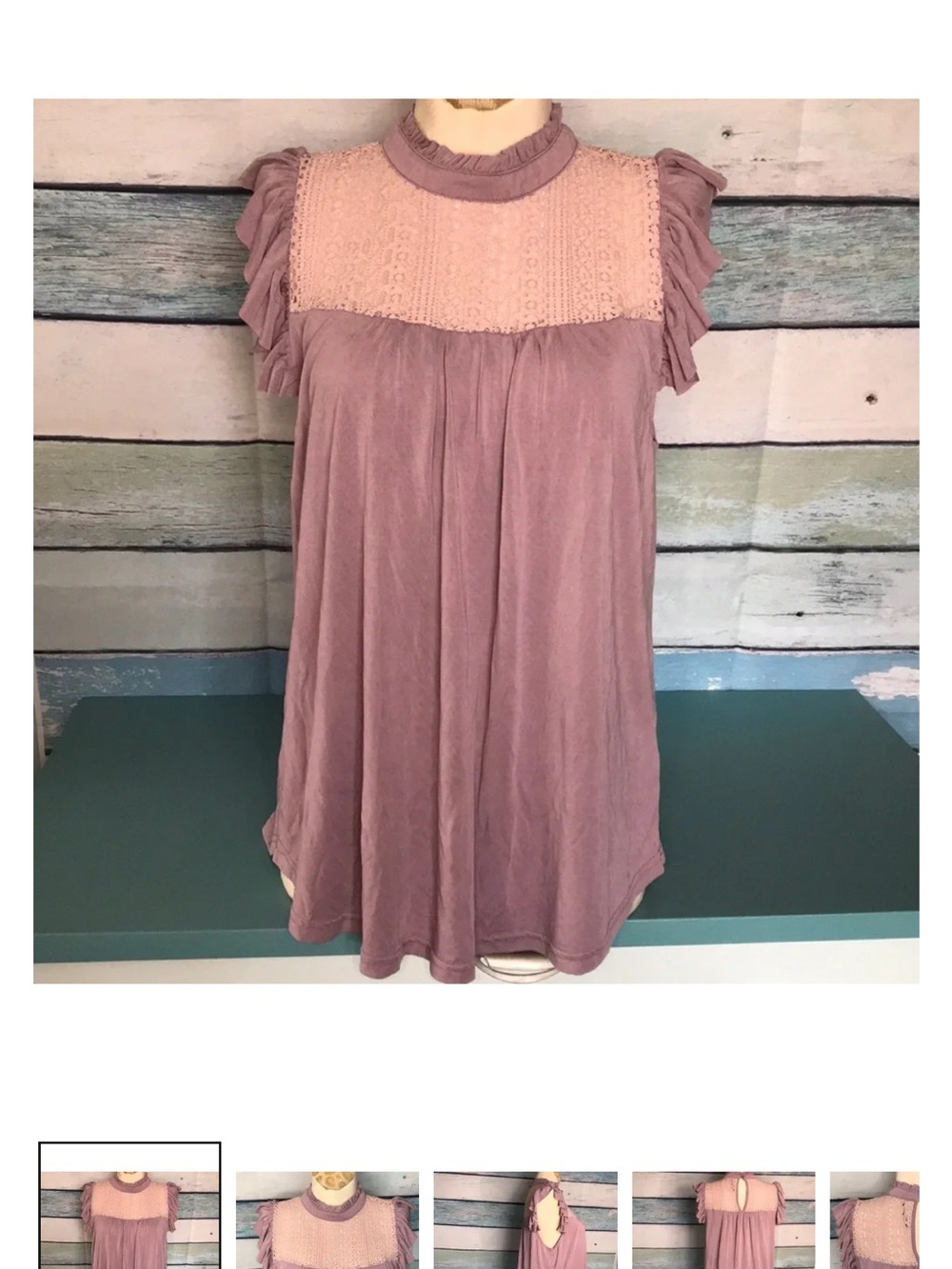 Allie Rose ruffle sleeve lace insert soft lavender mauve top L